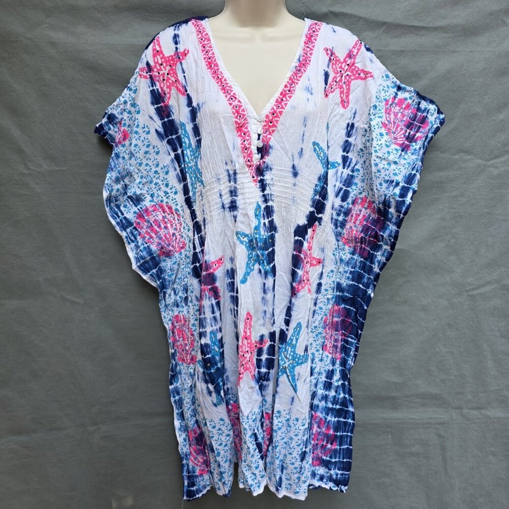 Ashley Taylor One Size 100% Cotton Starfish Pink Blue Smocked Cover Up Tie Dye
